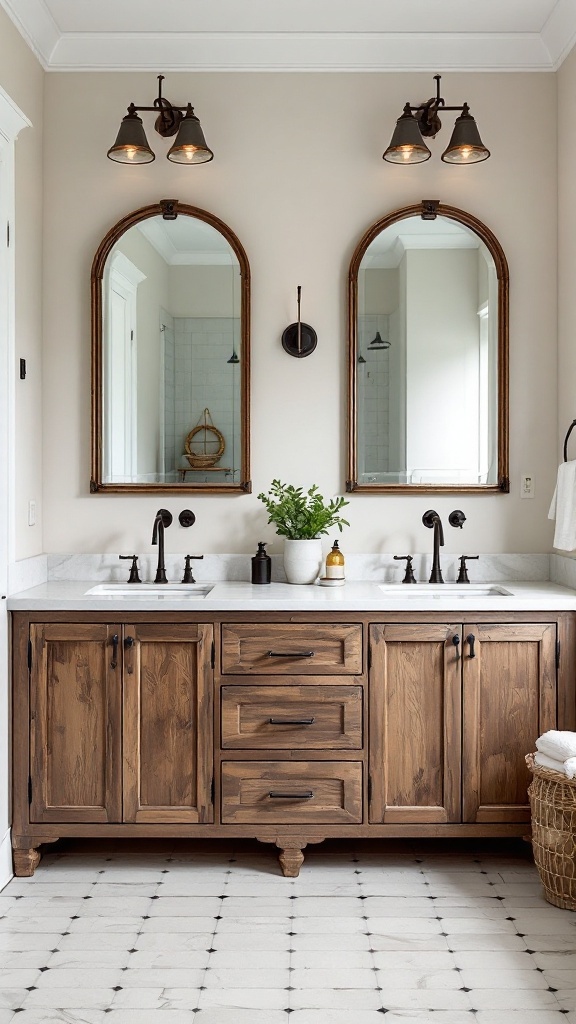 Modern farmhouse bathroom ideas -
A modern farmhouse bathroom featuring a dual vanity with vintage mirrors, wooden cabinetry, and stylish light fixtures.