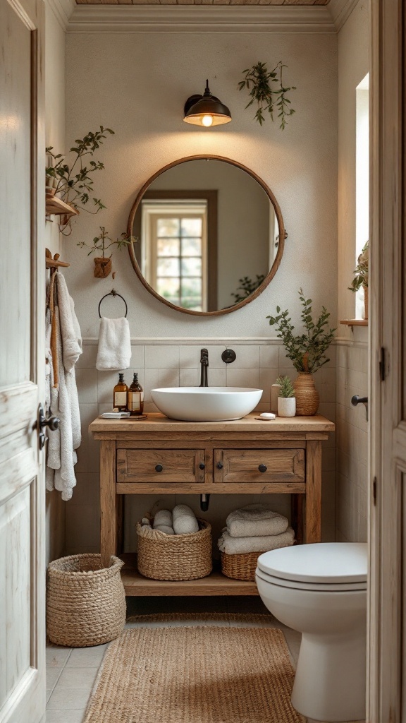 rustic small bathroom ideas -A rustic small bathroom featuring an earthy color palette with wood elements, plants, and a round mirror.
