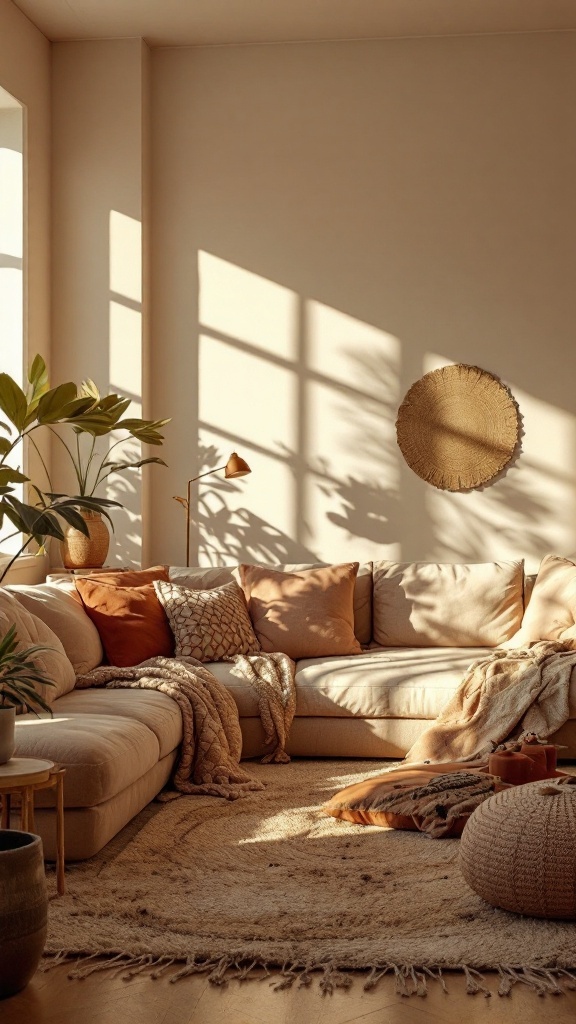 cozy boho living room - A cozy boho living room with earthy color palettes, featuring a beige sectional sofa and terracotta cushions