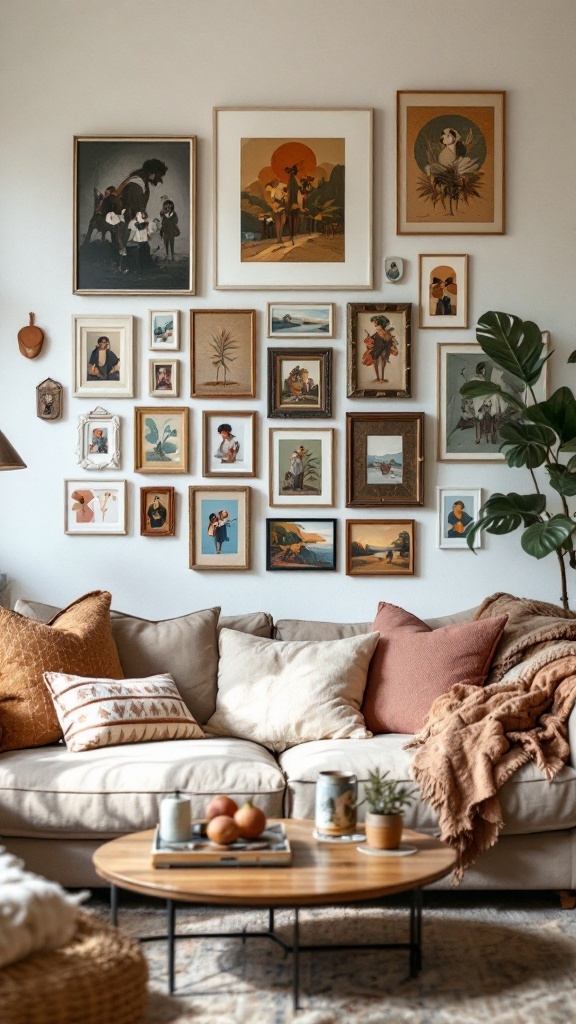 cozy boho living room - A cozy boho living room with an eclectic gallery wall featuring various framed artwork, a light sofa with textured pillows, and a wooden coffee table.