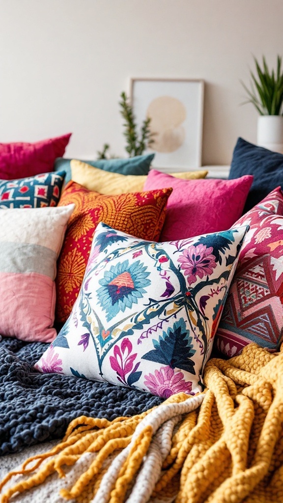 colorful boho living room - Various colorful throw pillows arranged on a sofa with a chunky knit throw.