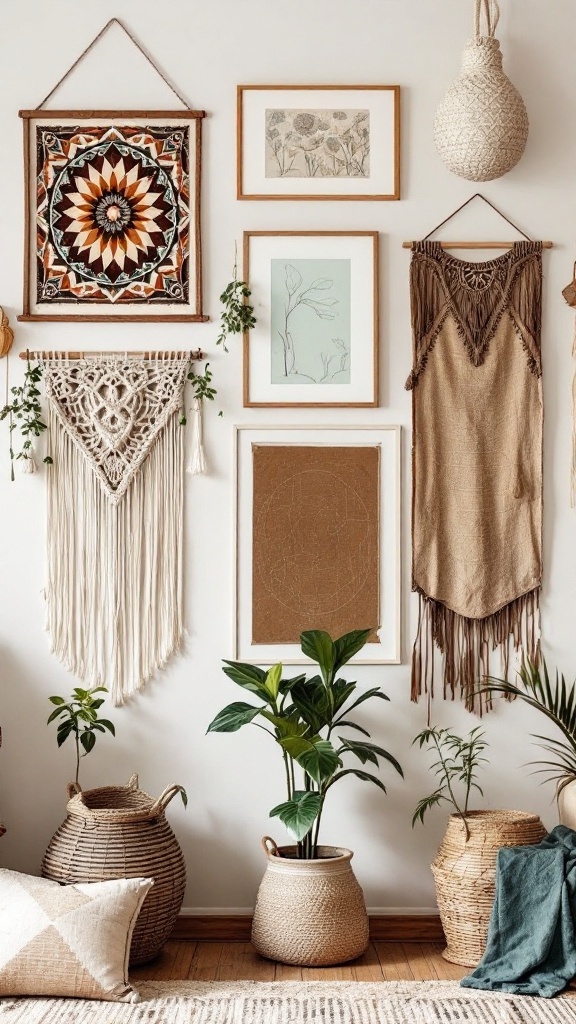 earthy boho living room -Eclectic wall art display featuring macramé, framed prints, and plants in a boho living room.