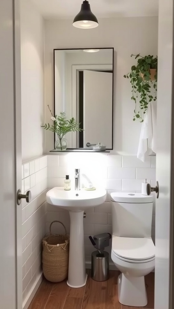 tiny half bathroom ideas -A compact eco-friendly half bathroom featuring plants, a sleek sink, and water-saving fixtures.