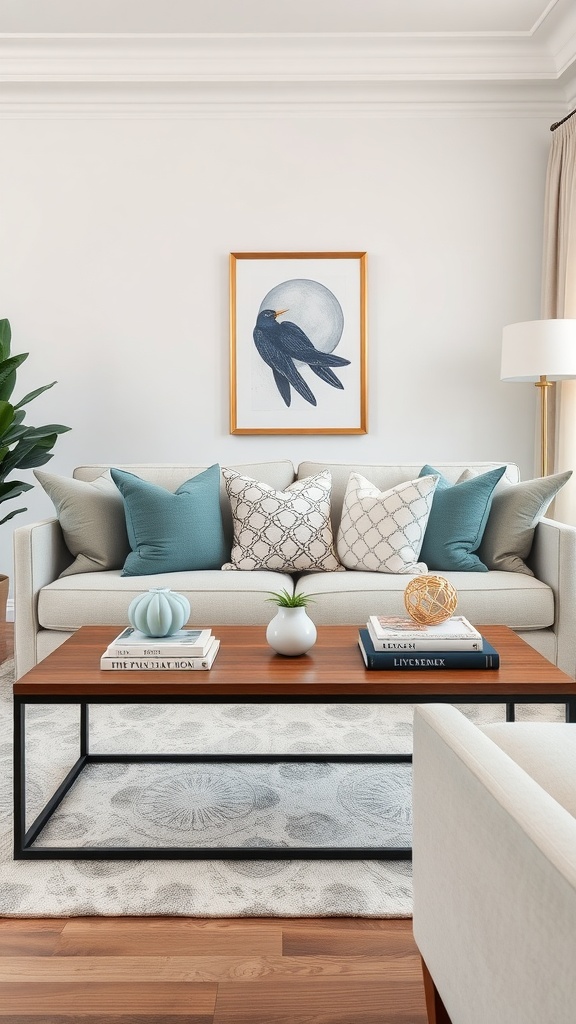 Neutral Fall Decor Living Rooms
- A cozy living room with a stylish coffee table featuring books and decor.