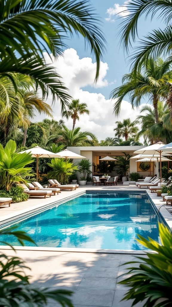 backyard layout - A stunning poolside lounge area with clear water, comfortable lounge chairs, and lush greenery surrounding it.