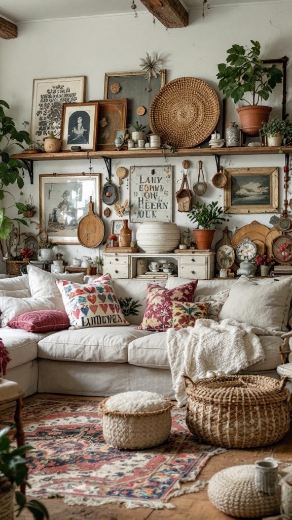 boho farmhouse living room - 
A cozy boho farmhouse living room featuring a mix of vintage finds and antiques.