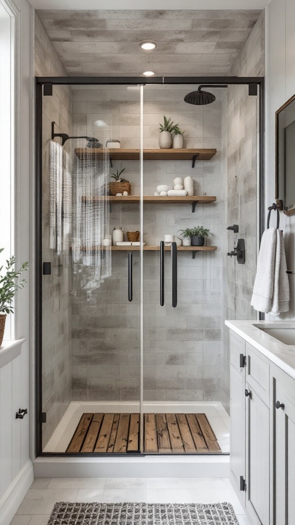 rustic small bathroom ideas -Enclosed shower nook with glass doors, wooden floor, and rustic decor.