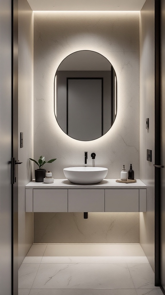 tiny half bathroom ideas - A modern tiny half bathroom featuring a floating vanity, round mirror, and ambient lighting.