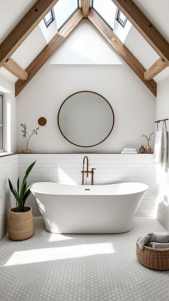 Modern farmhouse bathroom ideas -
Freestanding soaking tub under a skylight with wooden beams and neutral decor
