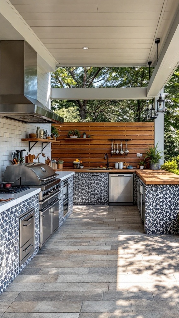 backyard layout - An outdoor kitchen featuring stainless steel appliances, a wooden countertop, and patterned tiles, set in a spacious layout.