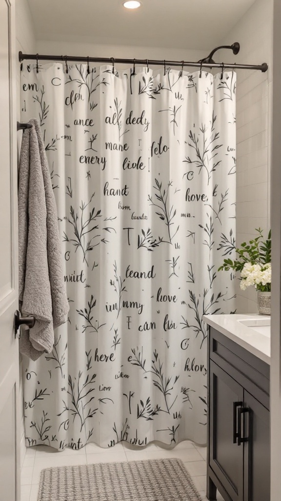 tiny half bathroom ideas - A stylish shower curtain featuring black branches and text in a tiny half bathroom