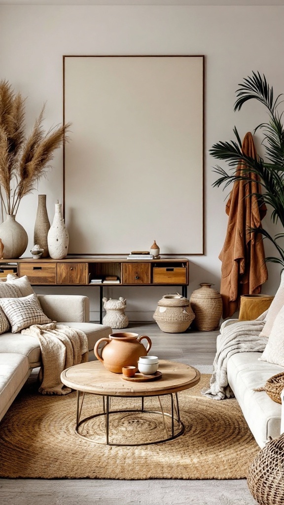 colorful boho living room - A colorful boho living room with handcrafted decorative accents, including terracotta pots and woven baskets.