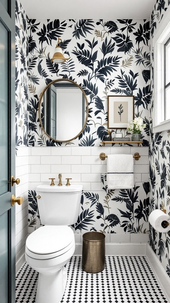 tiny half bathroom ideas - A stylish tiny half bathroom featuring bold floral wallpaper, a round mirror, gold accents, and a black and white patterned floor.