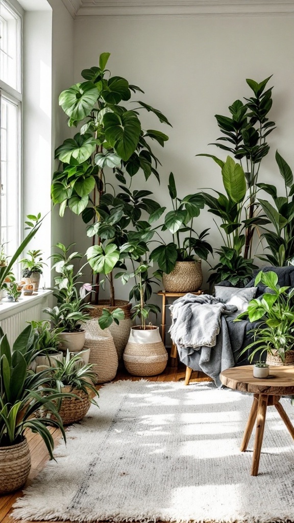 boho farmhouse living room - 
A boho farmhouse living room filled with various indoor plants in woven baskets.