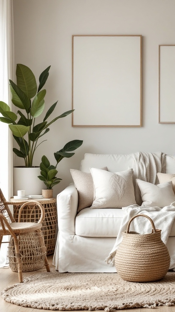 boho farmhouse living room - 
A light and airy boho farmhouse living room with a white sofa, cushions, a rattan chair, and a potted plant.