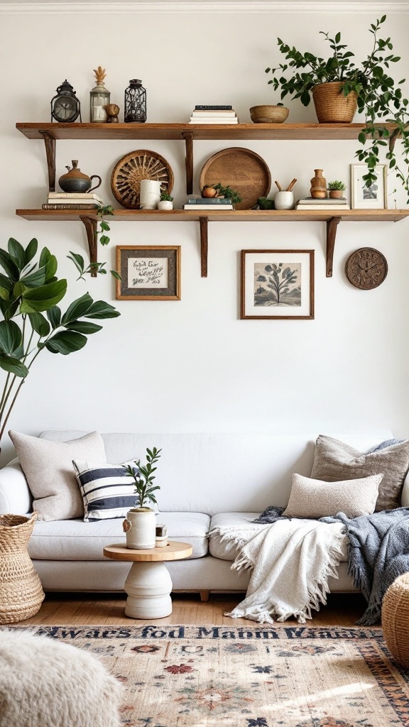 boho farmhouse living room - 
Boho farmhouse living room featuring open shelving with decorative items and plants.