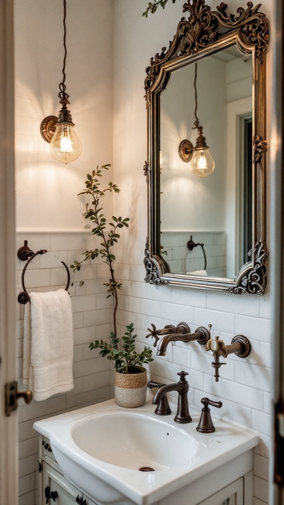 tiny half bathroom ideas - A small half bathroom featuring vintage elements including an ornate mirror, stylish lighting, and plants.