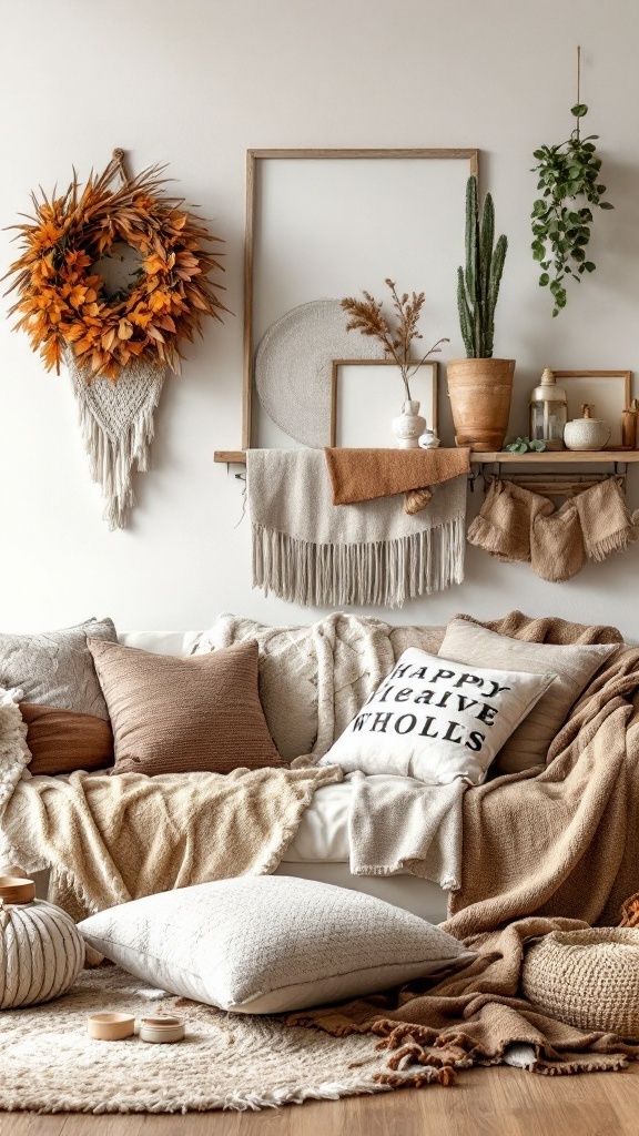 boho farmhouse living room - 
A cozy boho farmhouse living room with warm textiles, featuring a sofa adorned with soft pillows and throws, complemented by natural decor elements.