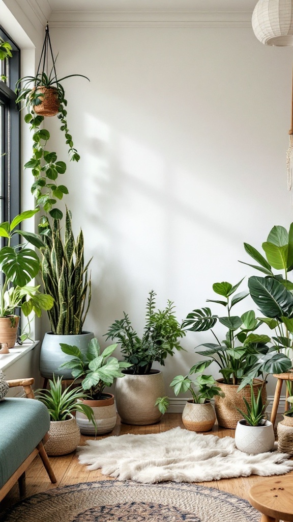 earthy boho living room -A cozy living room filled with a variety of indoor plants, showcasing earthy boho decor.