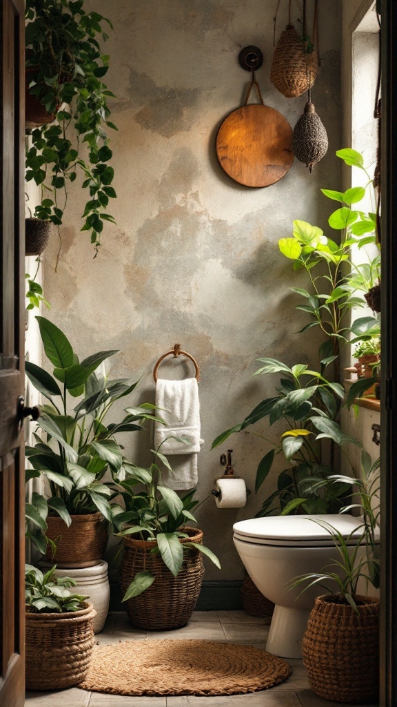 rustic small bathroom ideas -A rustic small bathroom filled with a variety of indoor plants in woven baskets, featuring a wooden wall decor and a cozy rug.