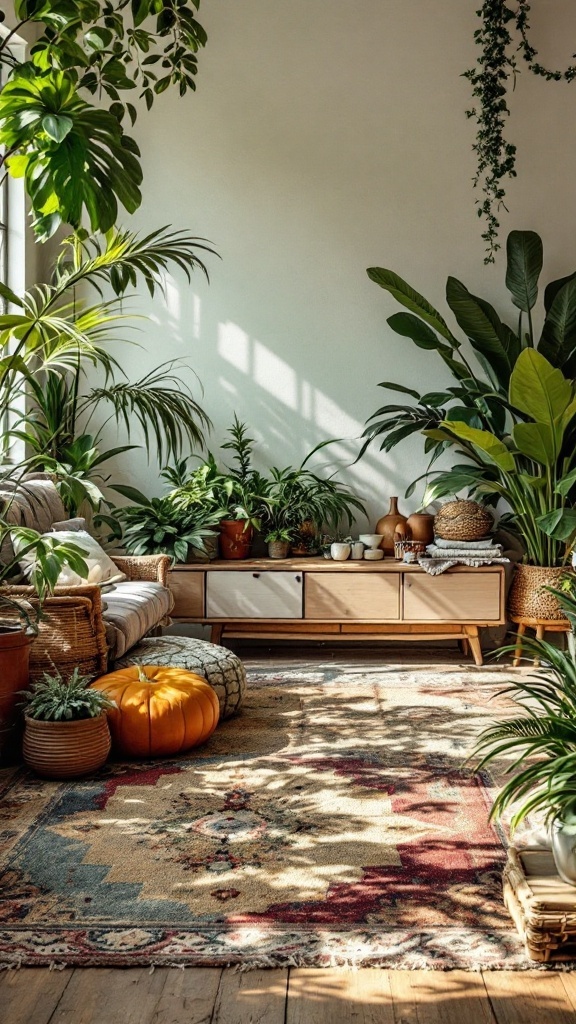 cozy boho living room - A cozy boho living room with an abundance of indoor plants, featuring a comfortable seating area, wooden furniture, and a colorful rug.