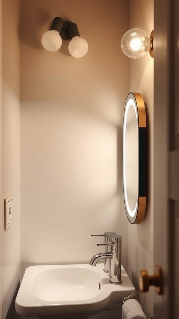 tiny half bathroom ideas -A modern tiny half bathroom with stylish lighting and a round mirror.