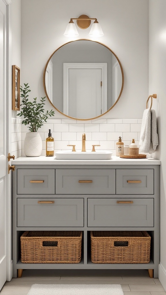 tiny half bathroom ideas - Stylish small bathroom with gray vanity and wicker storage baskets