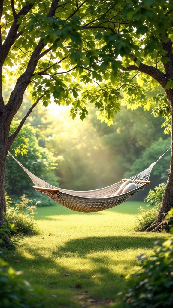 backyard layout - A hammock hanging between two trees in a serene backyard, surrounded by greenery and soft sunlight.
