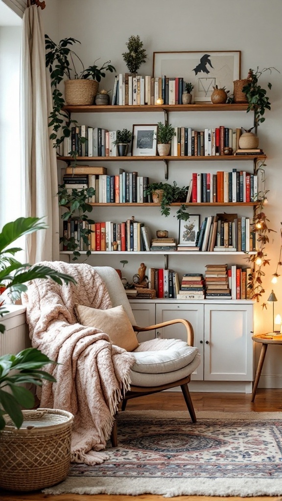 cozy boho living room - Cozy reading nook with a soft armchair, a cozy blanket, and a bookshelf filled with books and plants.