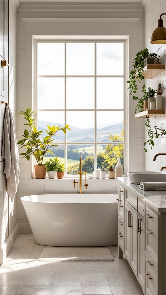 Modern farmhouse bathroom ideas -
Modern farmhouse bathroom with a large window showcasing scenic views of mountains and greenery.