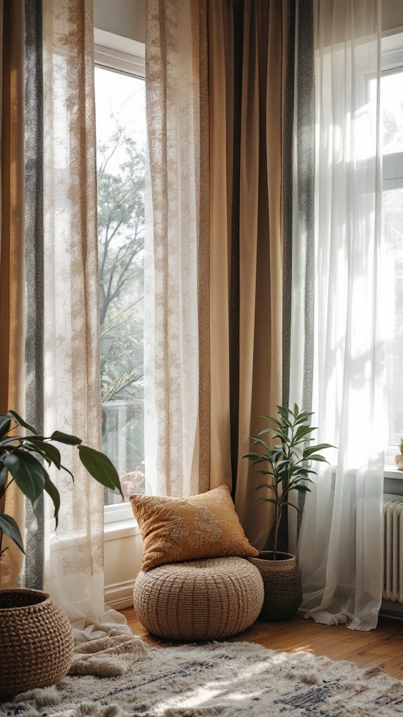 earthy boho living room -Layered curtains in earthy tones in a boho living room setting