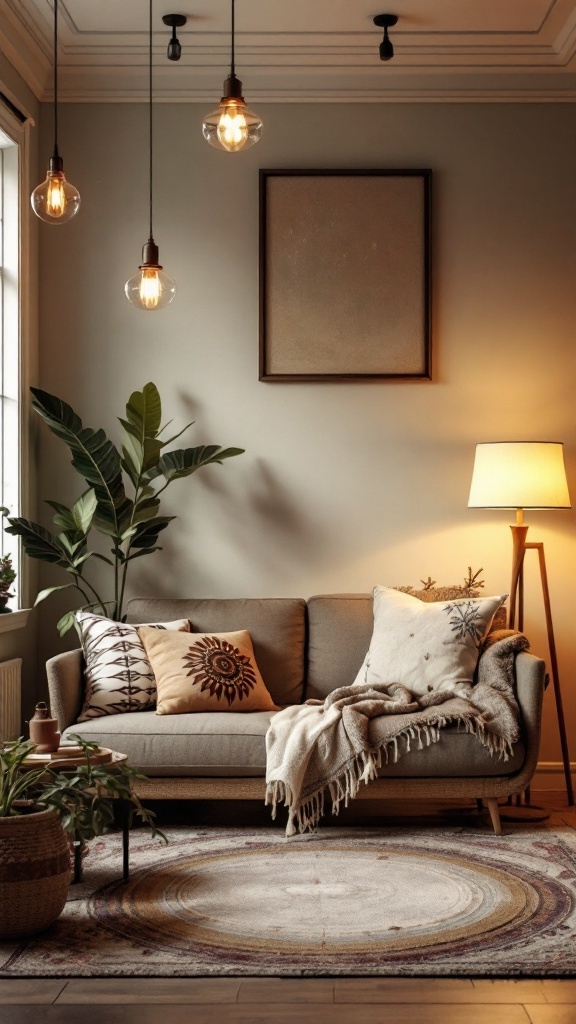 colorful boho living room - A cozy boho living room with layered lighting fixtures, including pendant lights and a floor lamp.