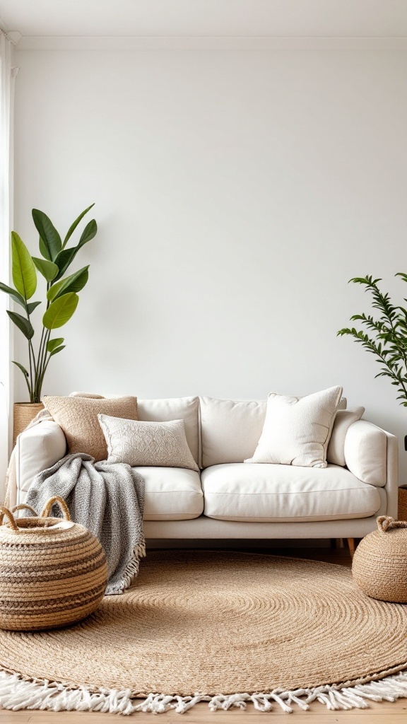 earthy boho living room -Cozy living room featuring a white sofa, layered textures, natural fiber rug, and potted plants.
