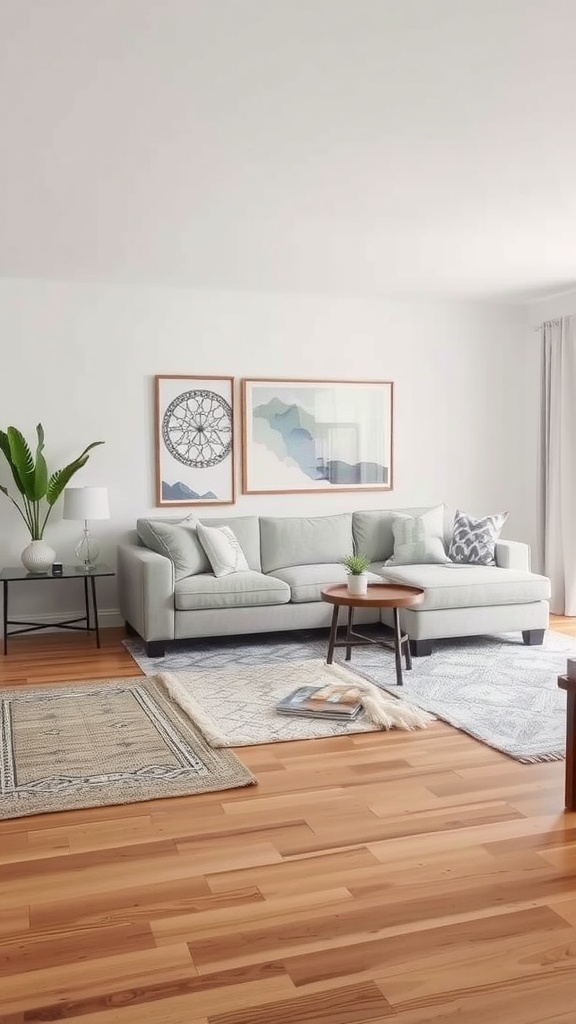 Neutral Fall Decor Living Rooms
-A cozy living room with layered textures featuring a large patterned rug and a fluffy throw rug, surrounded by neutral-toned furniture.