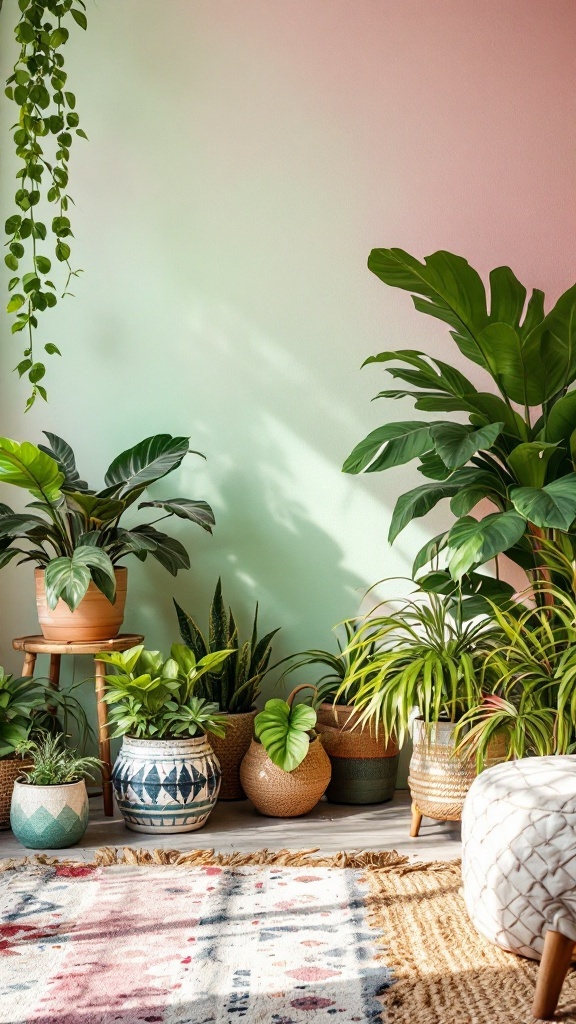 colorful boho living room - A vibrant display of various indoor plants in colorful pots, enhancing a boho living room's decor.