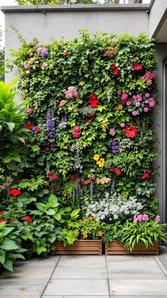 backyard layout - A vibrant vertical garden filled with colorful flowers and lush greenery