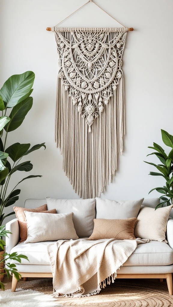 cozy boho living room - A cozy boho living room featuring a large macrame wall hanging, soft sofa with cushions, and indoor plants.