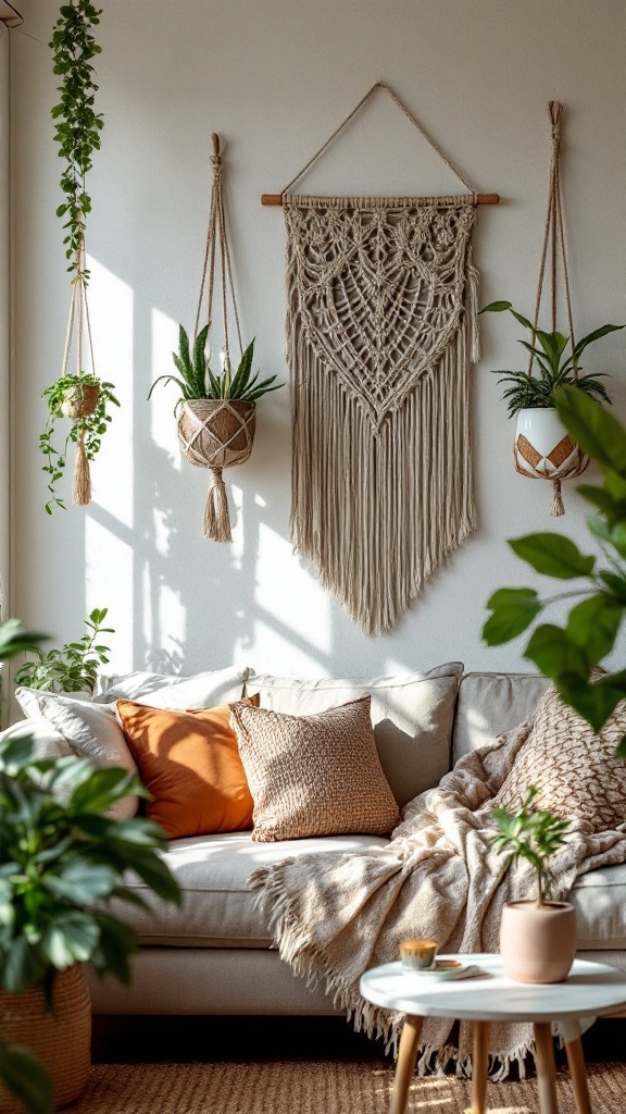 earthy boho living room -A cozy earthy boho living room featuring macramé accents and plants.