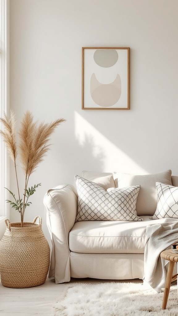 boho minimalist living room - A boho minimalist living room featuring a beige couch with patterned cushions, a woven basket with pampas grass, and simple wall art.