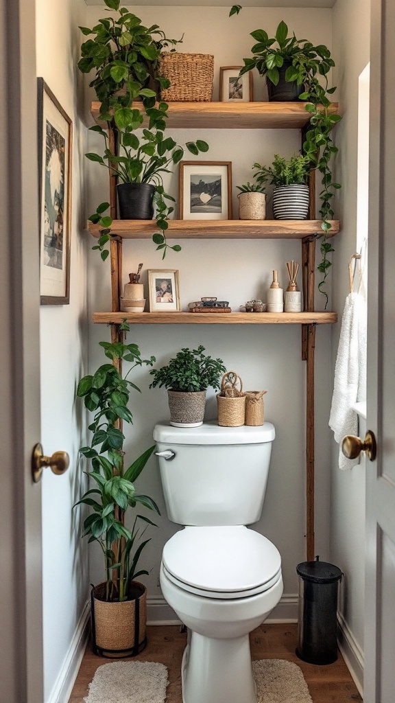 tiny half bathroom ideas - Stylish shelving in a tiny half bathroom with plants and decor