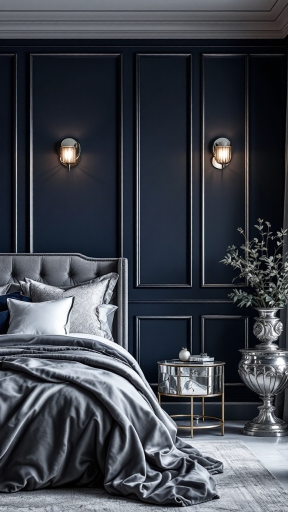 A stylish blue bedroom featuring midnight blue walls and metallic silver accents.
