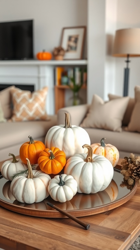 Neutral Fall Decor Living Rooms
- A stylish arrangement of white and orange pumpkins on a wooden tray in a minimalist living room setting.
