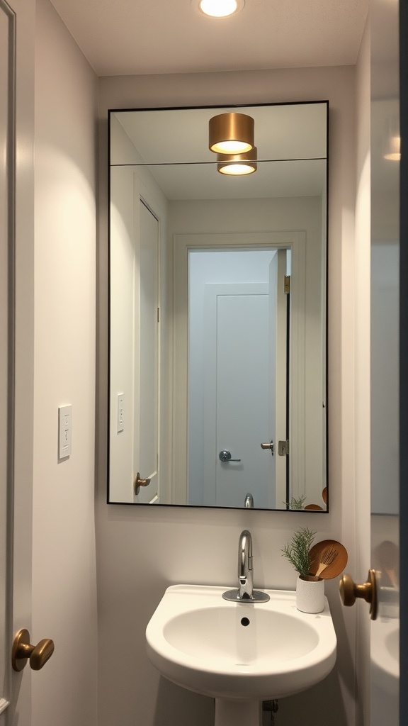 tiny half bathroom ideas -A modern tiny half bathroom with a large mirror, sleek sink, and stylish light fixture.