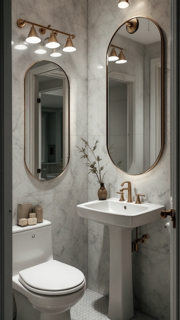 tiny half bathroom ideas - A stylish tiny half bathroom featuring oval mirrors, elegant lighting, and a clean aesthetic.