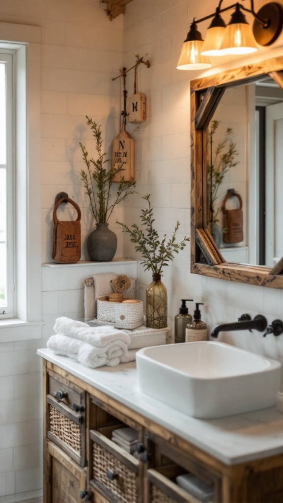 rustic small bathroom ideas -Rustic small bathroom featuring a wooden framed mirror, wooden accessories, and a warm color palette.