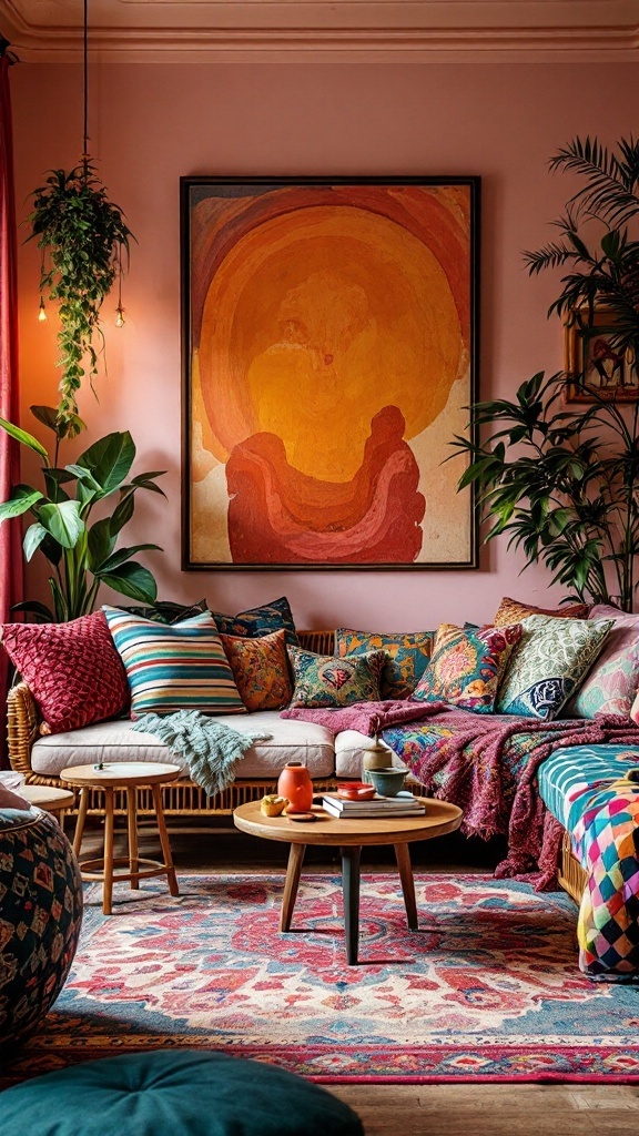 earthy boho living room -Colorful boho living room with mixed patterns and prints on cushions, throws, and rugs.