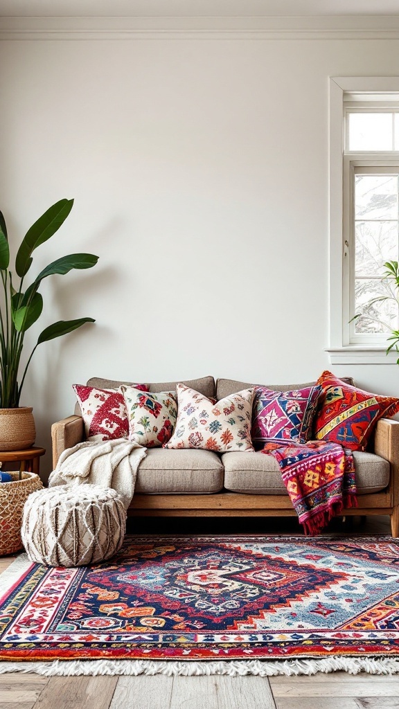 boho farmhouse living room - 
Cozy boho farmhouse living room with a patterned rug and colorful pillows on a sofa.
