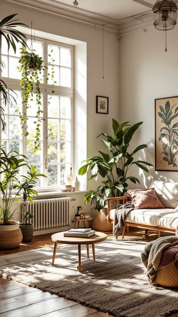 earthy boho living room -Bright and spacious earthy boho living room with plants and natural light