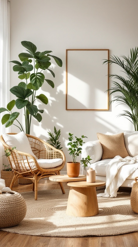 boho minimalist living room - A Boho minimalist living room featuring natural materials, plants, and a cozy atmosphere.