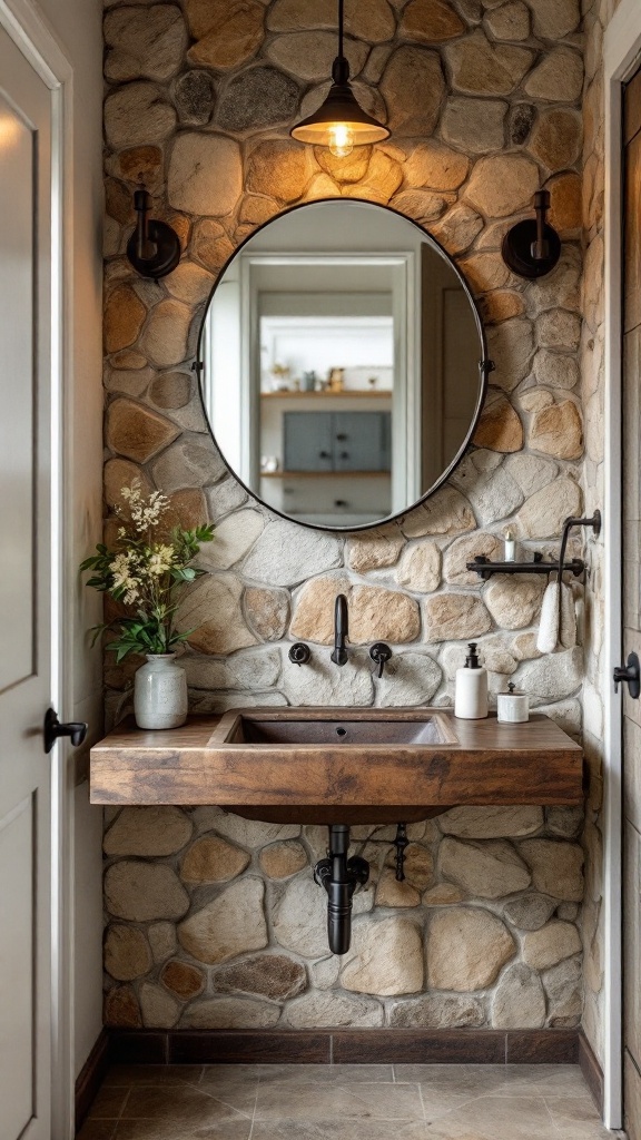 rustic small bathroom ideas -Small rustic bathroom with a natural stone accent wall, round mirror, wooden sink, and vintage lighting.